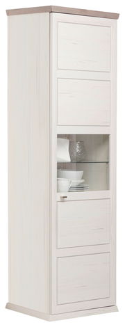 Weiße Vitrine mit Glaseinsatz, seitliche Perspektive, zeigt Geschirr im Inneren.