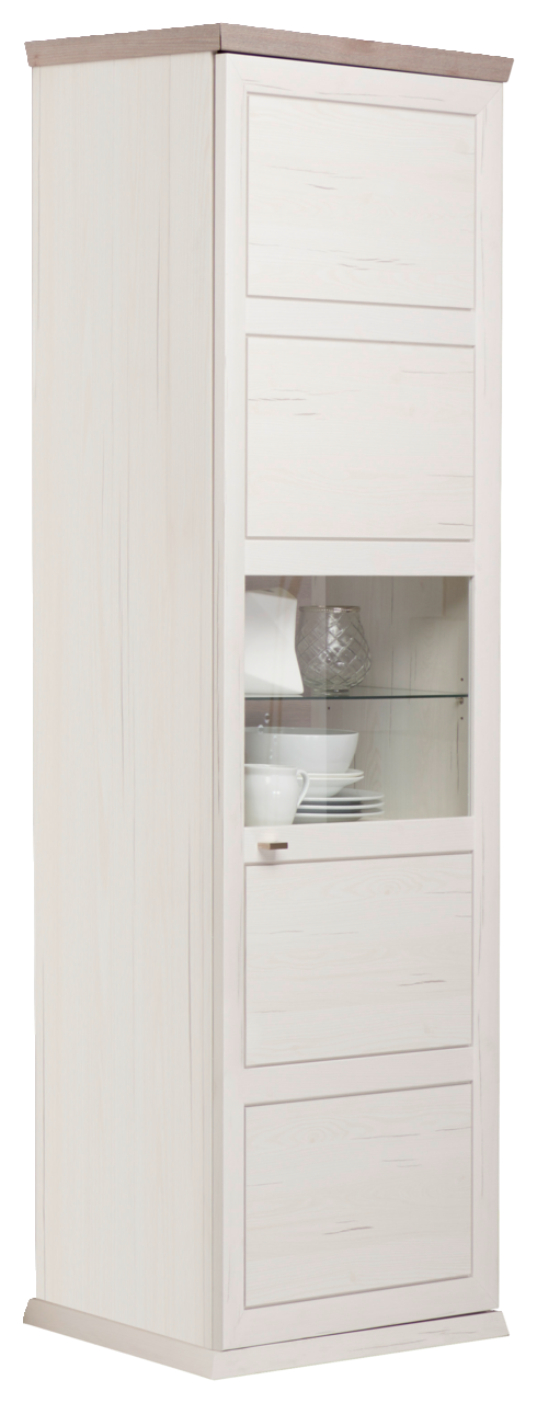 Hom´in Vitrine CAMRON Weiße Vitrine mit Glaseinsatz, seitliche Perspektive, zeigt Geschirr im Inneren.