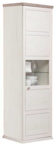 Weiße Vitrine mit Glaseinsatz, seitliche Perspektive, zeigt Geschirr im Inneren.