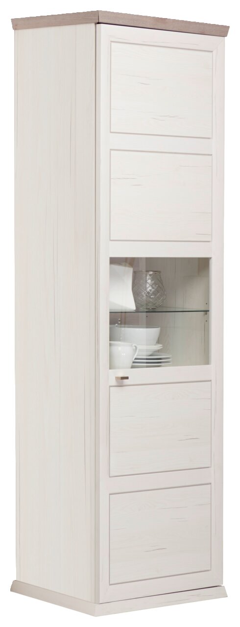 Hom´in Vitrine CAMRON Weiße Vitrine mit Glaseinsatz, seitliche Perspektive, zeigt Geschirr im Inneren.