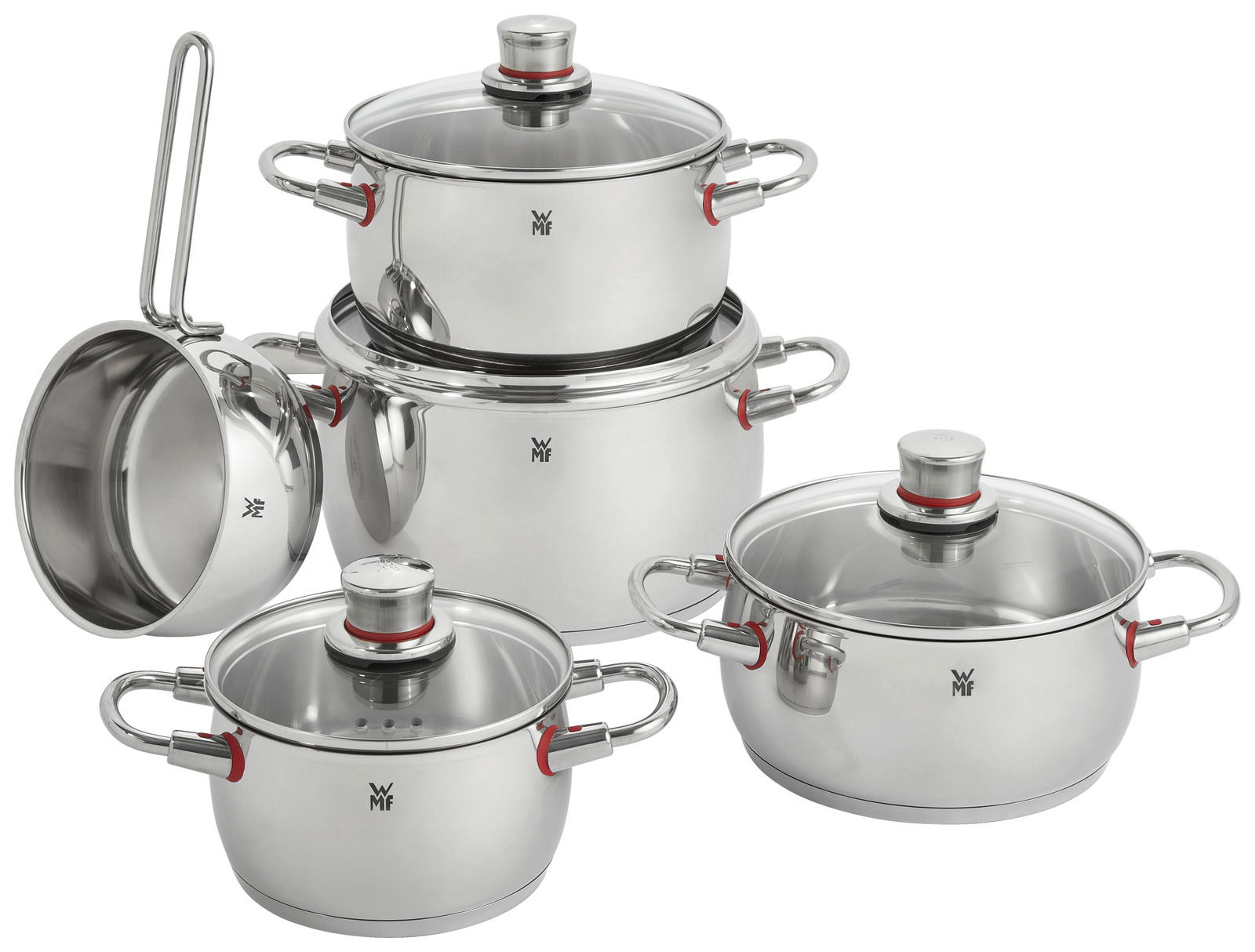 Topfset Quality One 5-tlg. aus Edelstahl mit Glasdeckeln, seitliche Perspektive