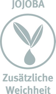 Logo met jojoba-motief en de tekst 'Extra zachtheid', gezien vanaf de voorkant.
