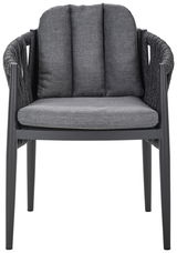 Moderner Gartensessel mit grauem Stoffbezug und schwarzem Gestell, Frontalansicht