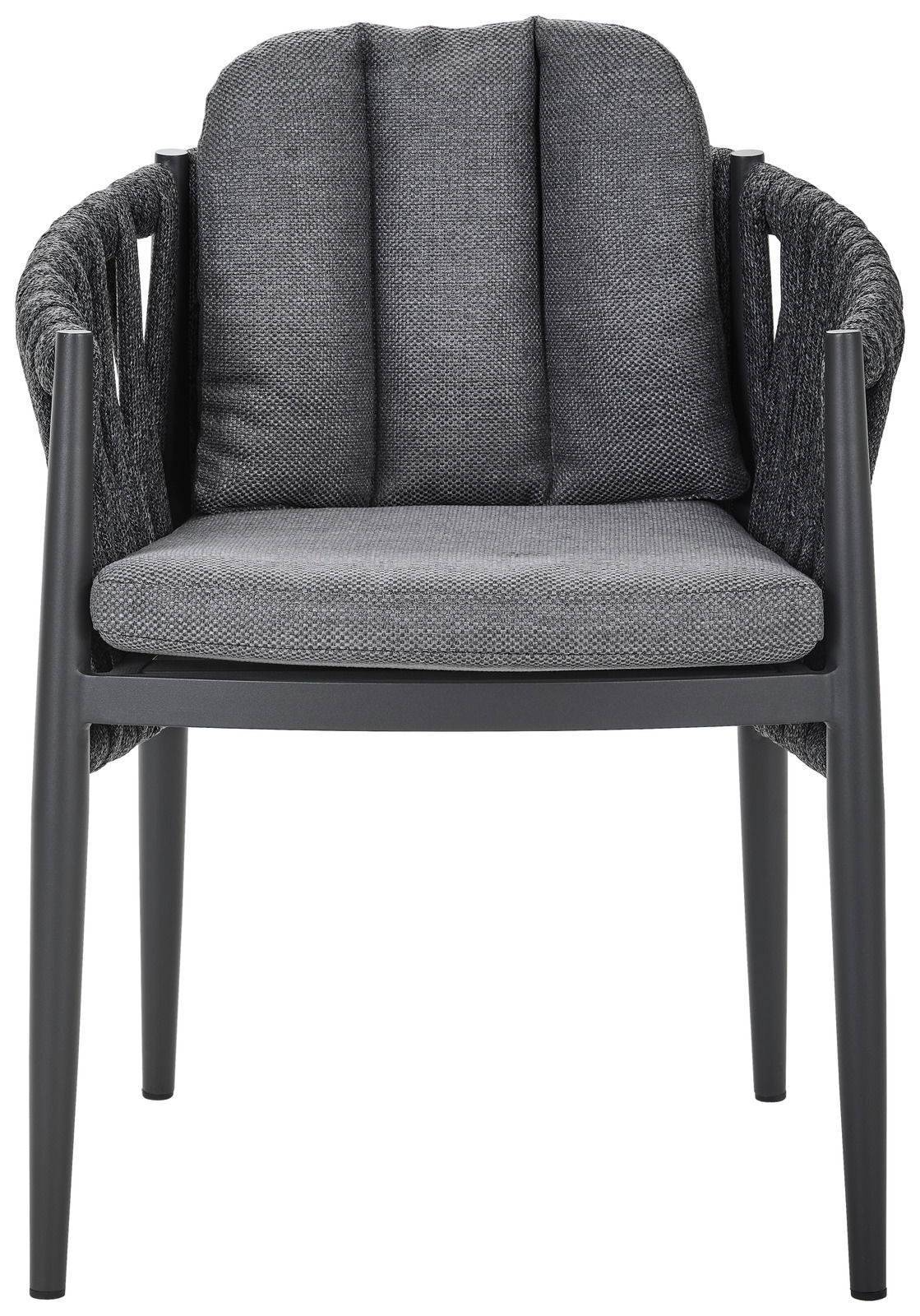 Moderner Gartensessel mit grauem Stoffbezug und schwarzem Gestell, Frontalansicht