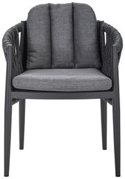 Moderner Gartensessel mit grauem Stoffbezug und schwarzem Gestell, Frontalansicht