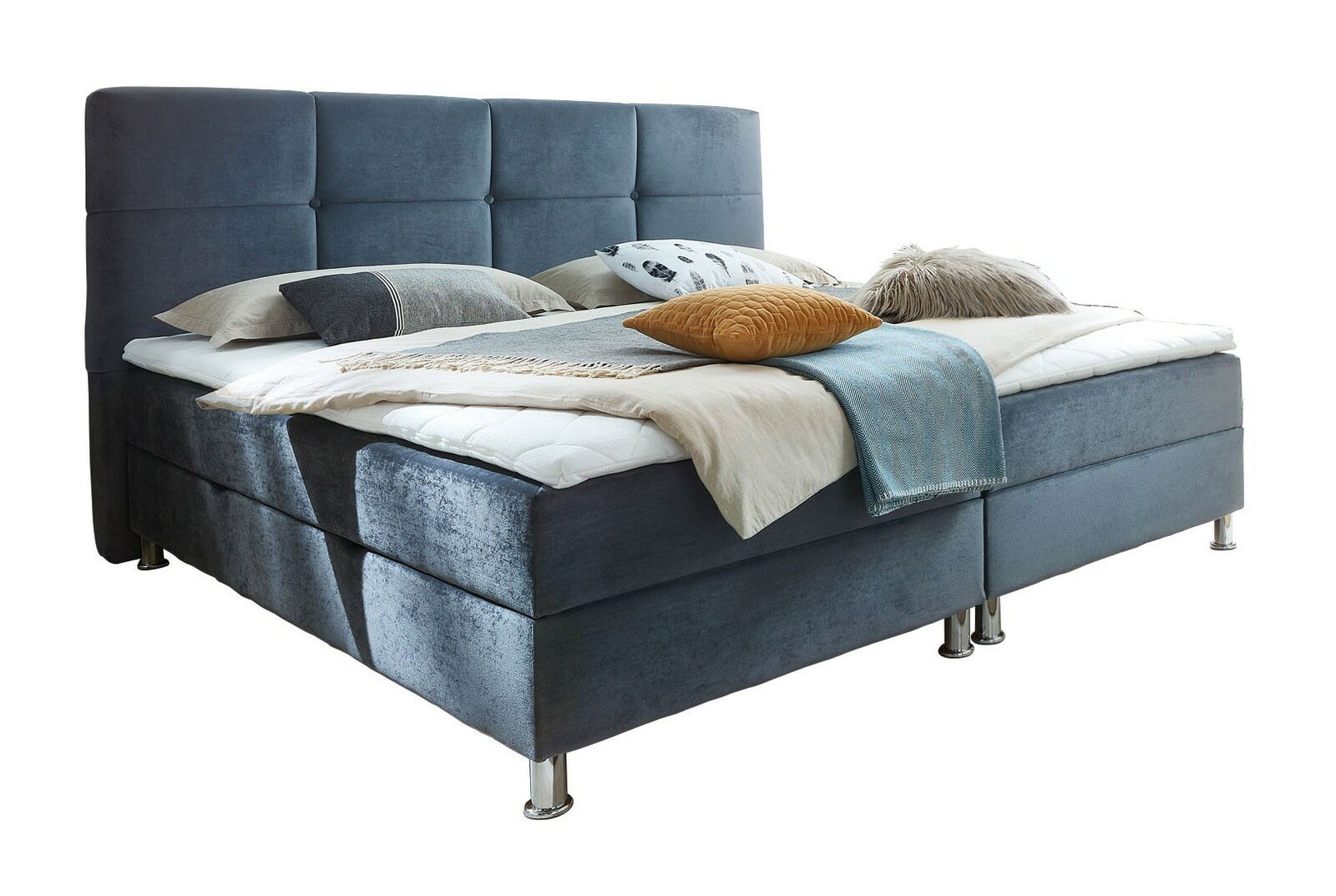 XORA Boxbett MAGNUM Boxbett mit gepolstertem Kopfteil in dunkelblauem Stoff, seitliche Perspektive