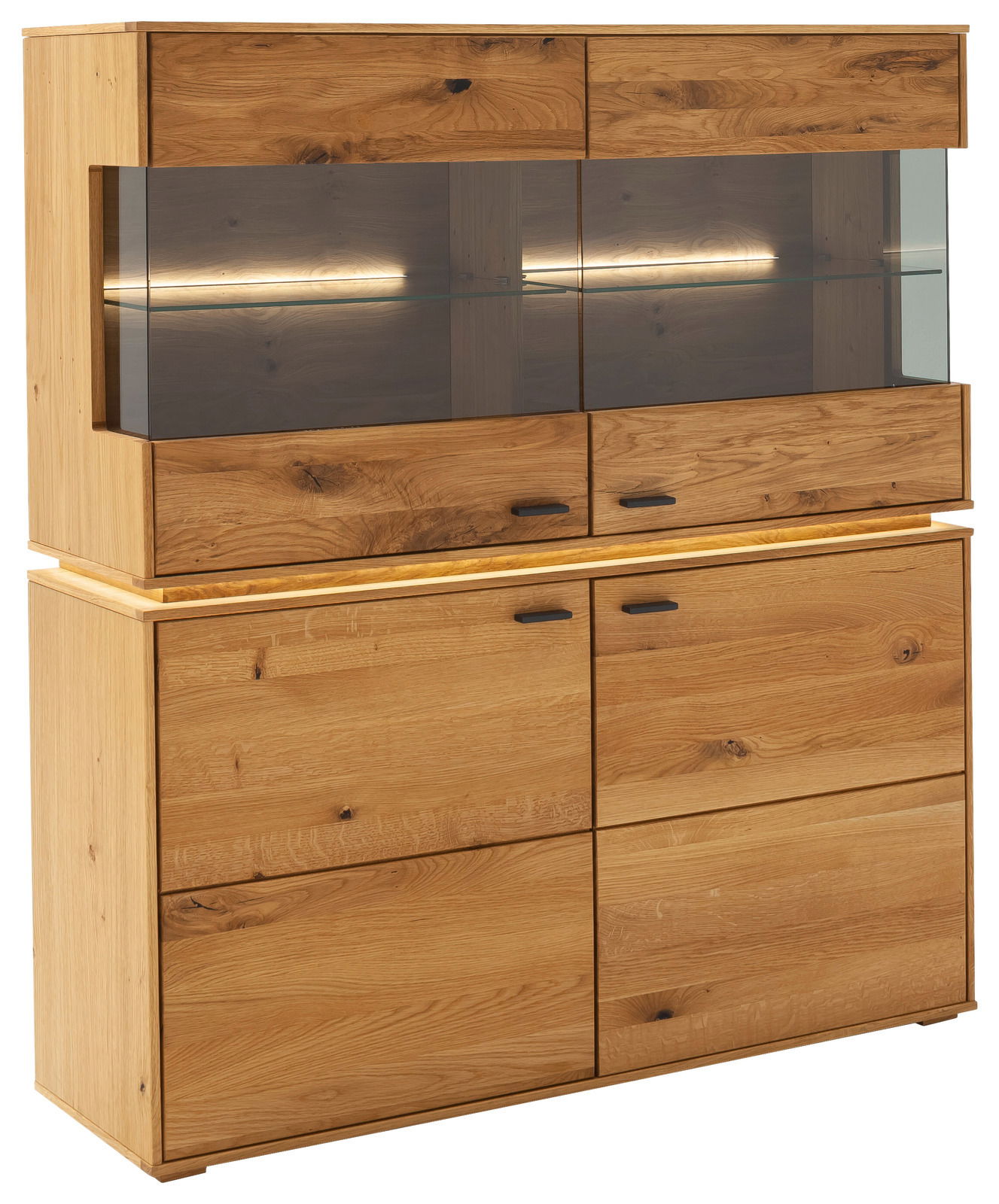 Hochwertiges Highboard aus Holz mit Glaselementen und integrierter Beleuchtung, seitliche Perspektive