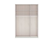 Frontale Ansicht eines offenen Drehtürenschranks mit mehreren Regalböden und Kleiderstangen.