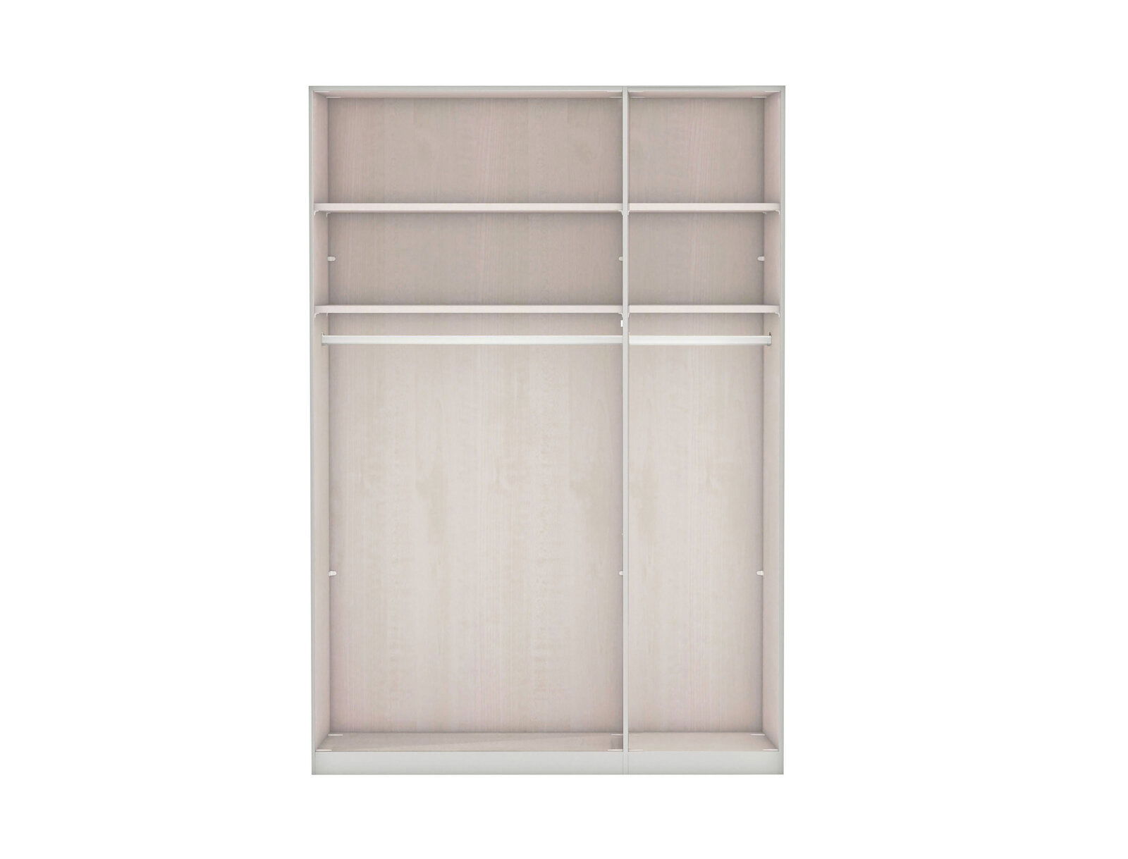 Frontale Ansicht eines offenen Drehtürenschranks mit mehreren Regalböden und Kleiderstangen.