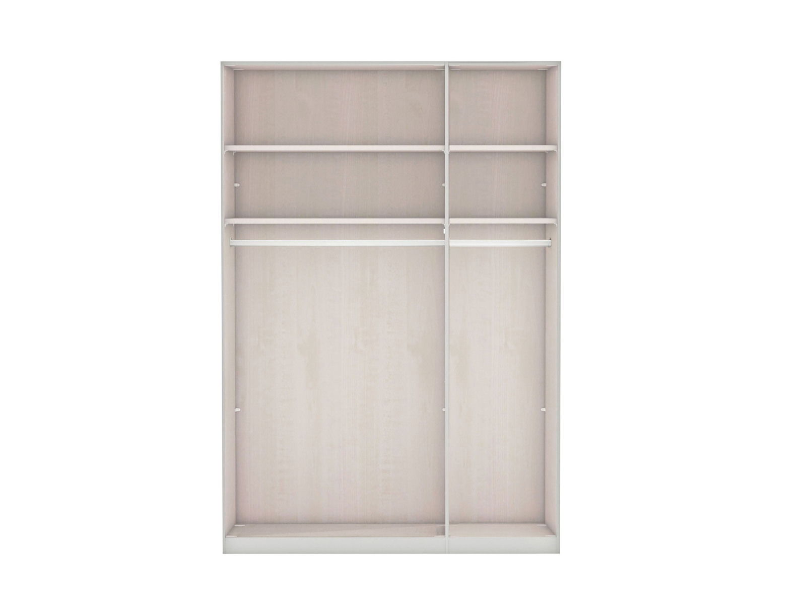 Frontale Ansicht eines offenen Drehtürenschranks mit mehreren Regalböden und Kleiderstangen.