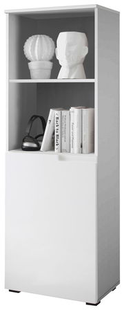 Halbhohes Regal in Weiß mit zwei offenen Fächern, dekoriert mit Büchern, Kopfhörern und Skulpturen, frontal betrachtet.