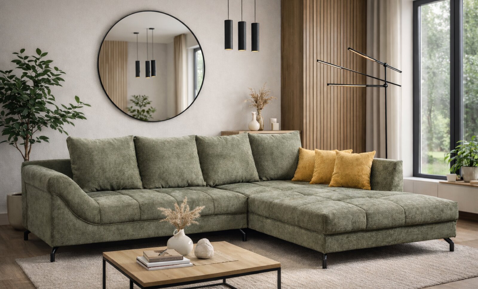 Z2 Ecksofa PAULA Modernes grünes Ecksofa mit rechter Ottomane und gesteppten Sitzflächen in einem hellen Wohnzimmer, frontale Perspektive leicht von links.