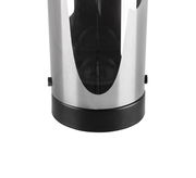 Nahaufnahme einer LED-Tischleuchte mit modernem, zylindrischem Design in silberner und schwarzer Farbgebung.