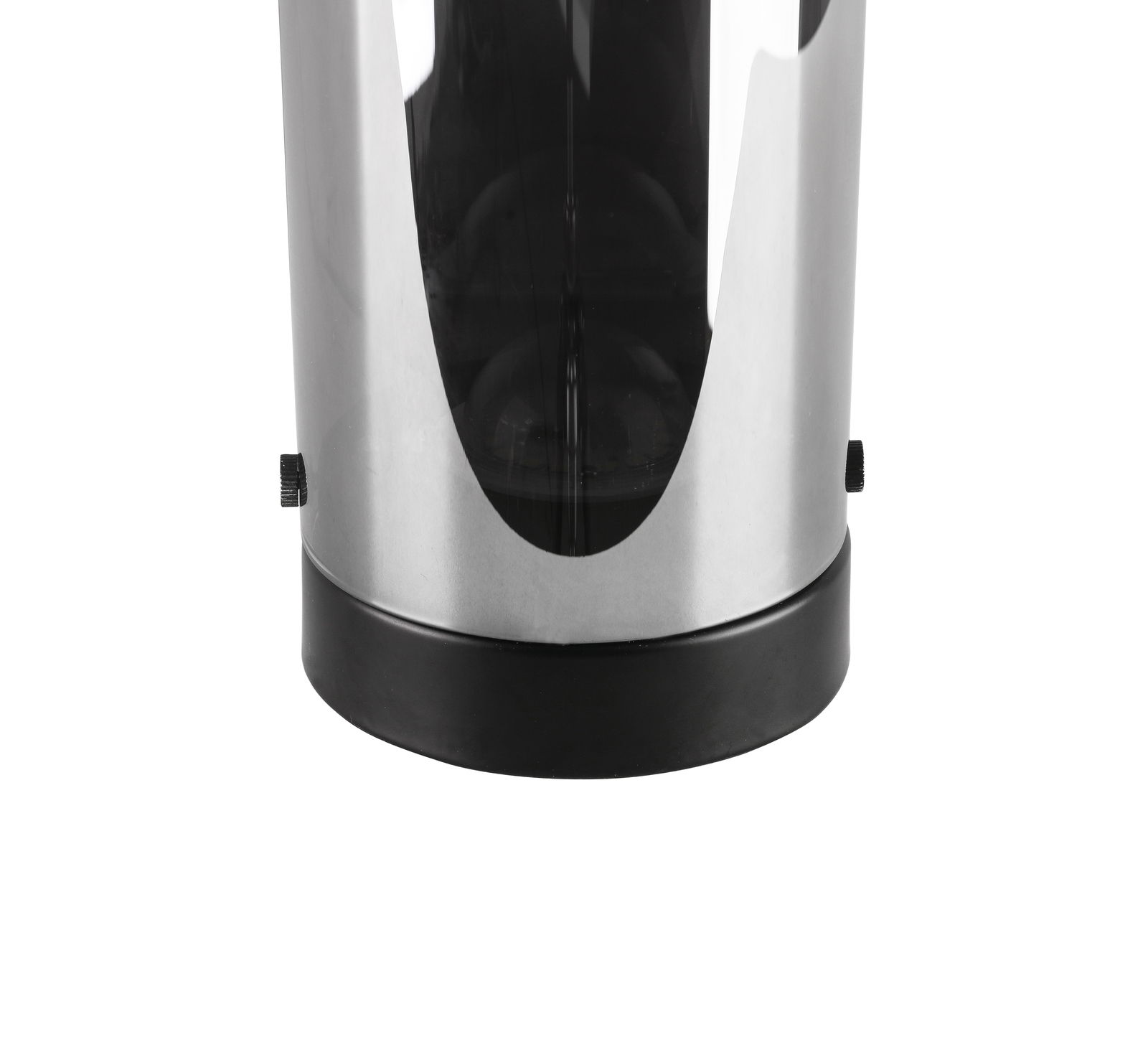 Nahaufnahme einer LED-Tischleuchte mit modernem, zylindrischem Design in silberner und schwarzer Farbgebung.