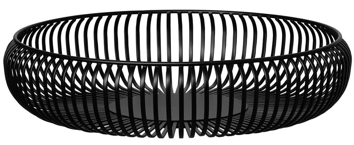 Schwarze, runde Schale aus Metall mit Gitterdesign, seitliche Perspektive