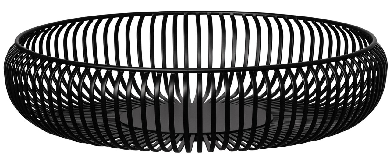 Schwarze, runde Schale aus Metall mit Gitterdesign, seitliche Perspektive