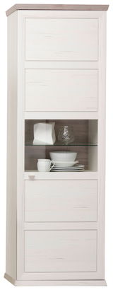 Weiße Vitrine mit Glaseinsatz, seitliche Perspektive, dekoriert mit Geschirr und Dekorationsobjekten.