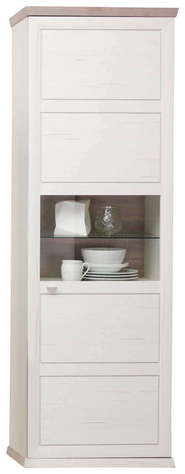 Weiße Vitrine mit Glaseinsatz, seitliche Perspektive, dekoriert mit Geschirr und Dekorationsobjekten.