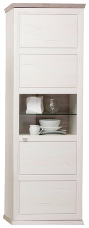 Weiße Vitrine mit Glaseinsatz, seitliche Perspektive, dekoriert mit Geschirr und Dekorationsobjekten.