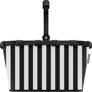 Schwarz-weiß gestreifter Einkaufskorb von reisenthel mit schwarzem Rahmen und klappbarem Griff, Frontansicht