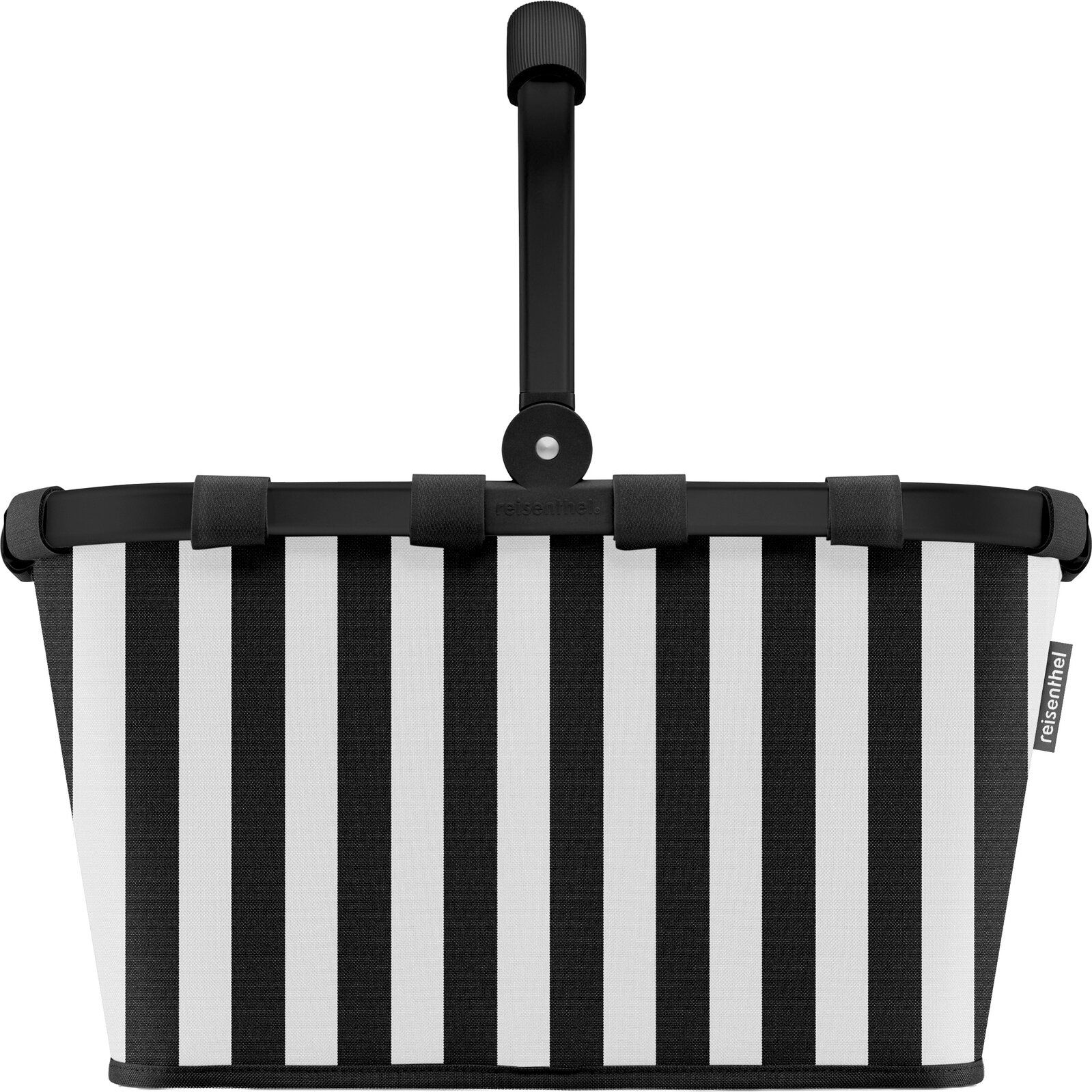 Schwarz-weiß gestreifter Einkaufskorb von reisenthel mit schwarzem Rahmen und klappbarem Griff, Frontansicht