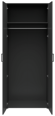 Offener schwarzer Mehrzweck-Kleiderschrank mit zwei Türen, einer Kleiderstange und einem Regalbrett, frontale Ansicht.