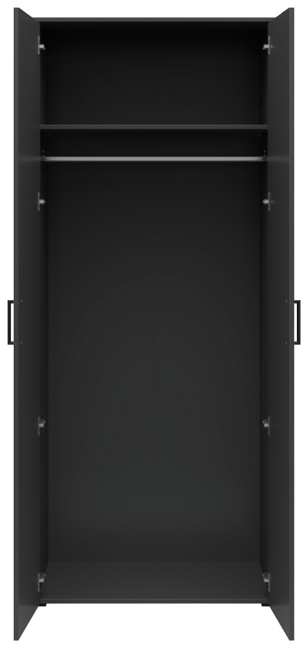 Offener schwarzer Mehrzweck-Kleiderschrank mit zwei Türen, einer Kleiderstange und einem Regalbrett, frontale Ansicht.