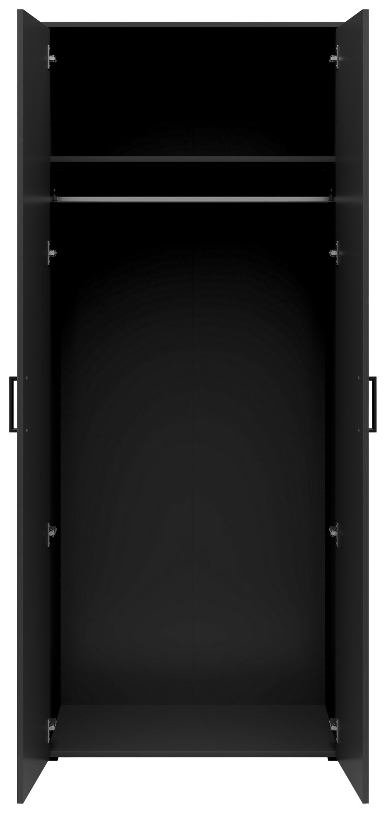 Offener schwarzer Mehrzweck-Kleiderschrank mit zwei Türen, einer Kleiderstange und einem Regalbrett, frontale Ansicht.