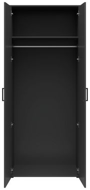 Offener schwarzer Mehrzweck-Kleiderschrank mit zwei Türen, einer Kleiderstange und einem Regalbrett, frontale Ansicht.