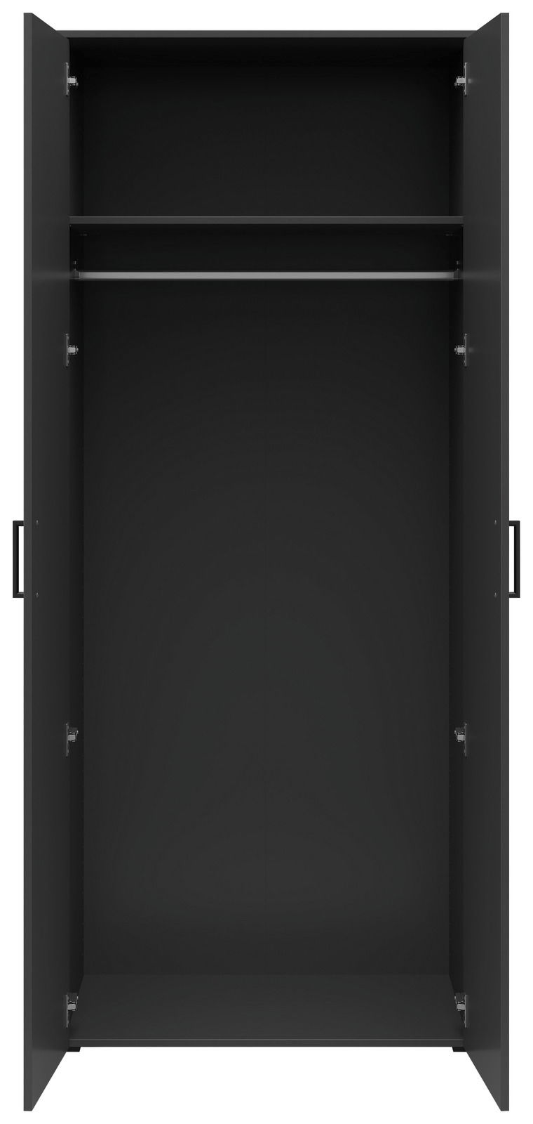 Offener schwarzer Mehrzweck-Kleiderschrank mit zwei Türen, einer Kleiderstange und einem Regalbrett, frontale Ansicht.