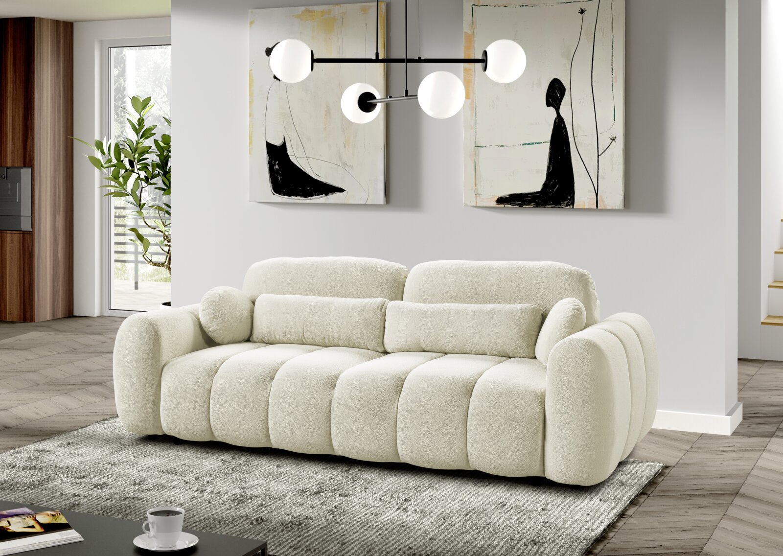 Vorderansicht eines cremefarbenen, gepolsterten 3-Sitzer-Sofas mit weichem Bouclé-/Stoffbezug und runden Armlehnen in modernem Wohnzimmerambiente