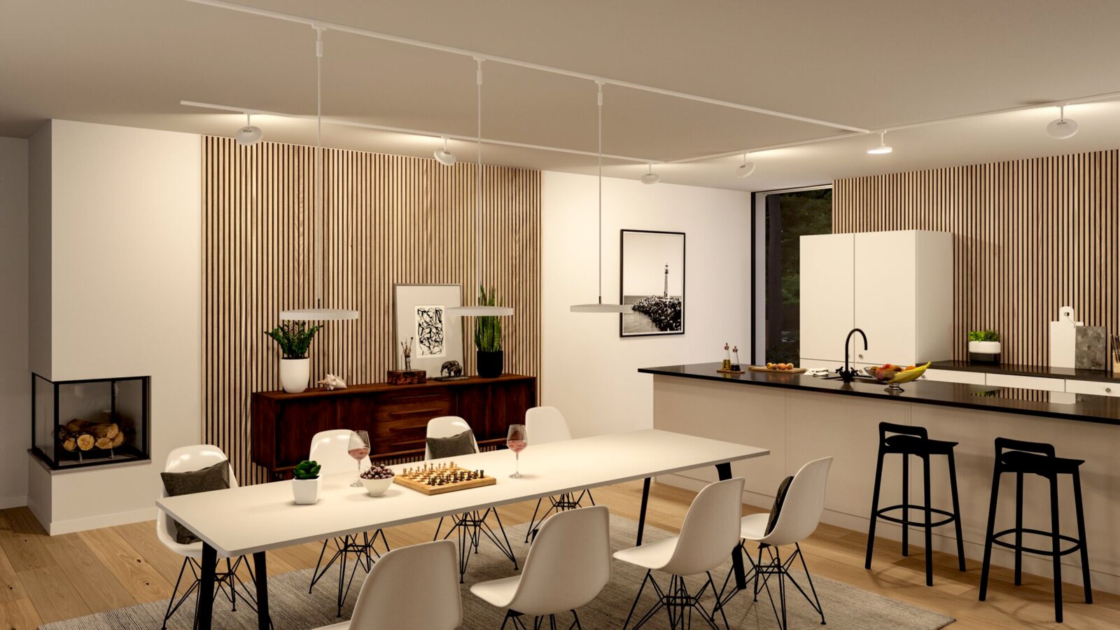 Moderne Esszimmer- und Küchenansicht mit Schienenpendel Hildor URAIL von PAULMANN, hängend über einem langen Esstisch, mit stilvoller Holzvertäfelung im Hintergrund.