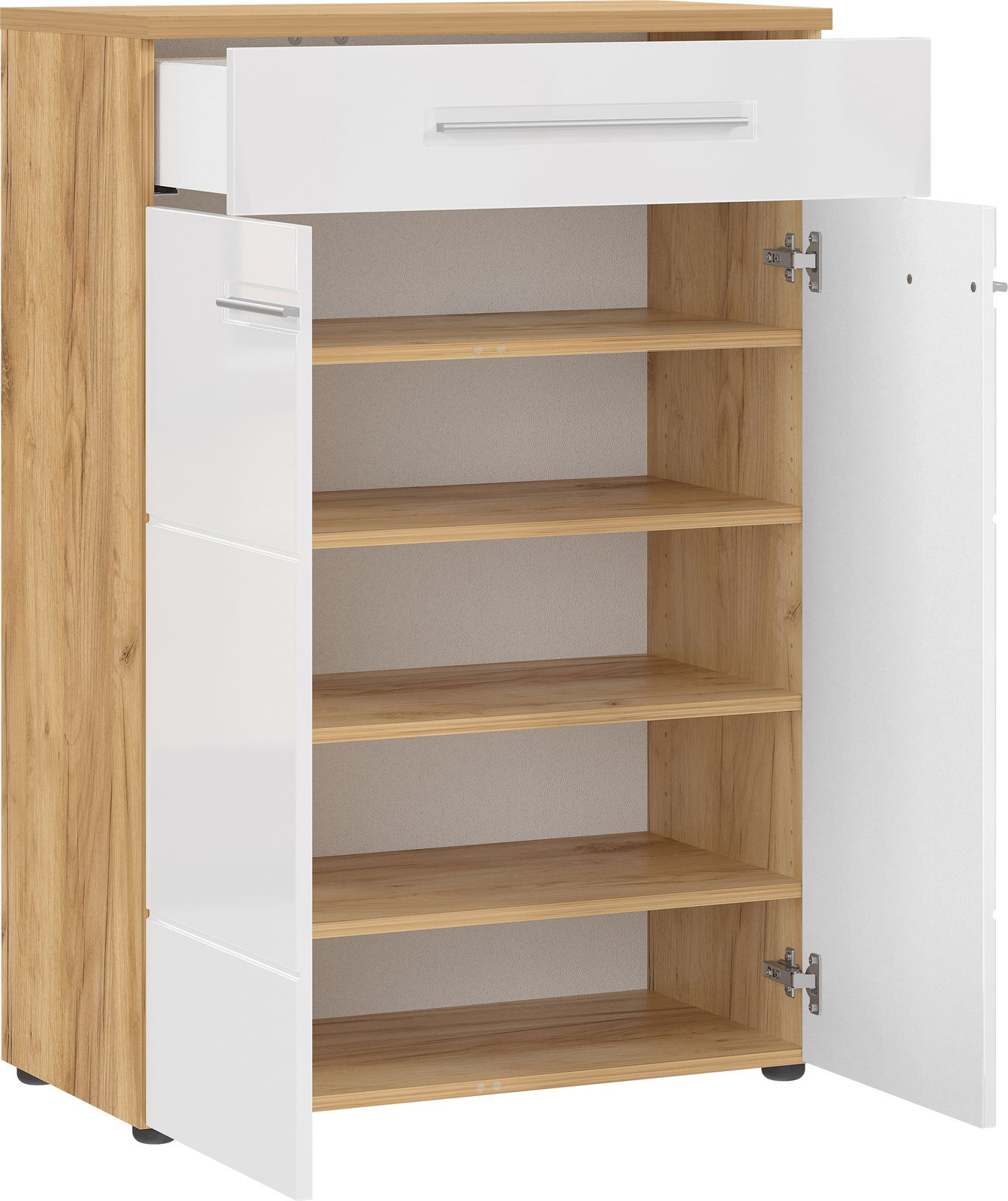 Moderner Schuhschrank aus Holz mit weißen Türen, einer Schublade und mehreren Regalböden, frontal geöffnet.