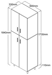 Isometrische Ansicht eines hohen, zweitürigen Schranks mit vier Griffen und Füßen, Maßskizze mit Abmessungen ca. 600 mm Breite, 330 mm Tiefe und 1840 mm Höhe.