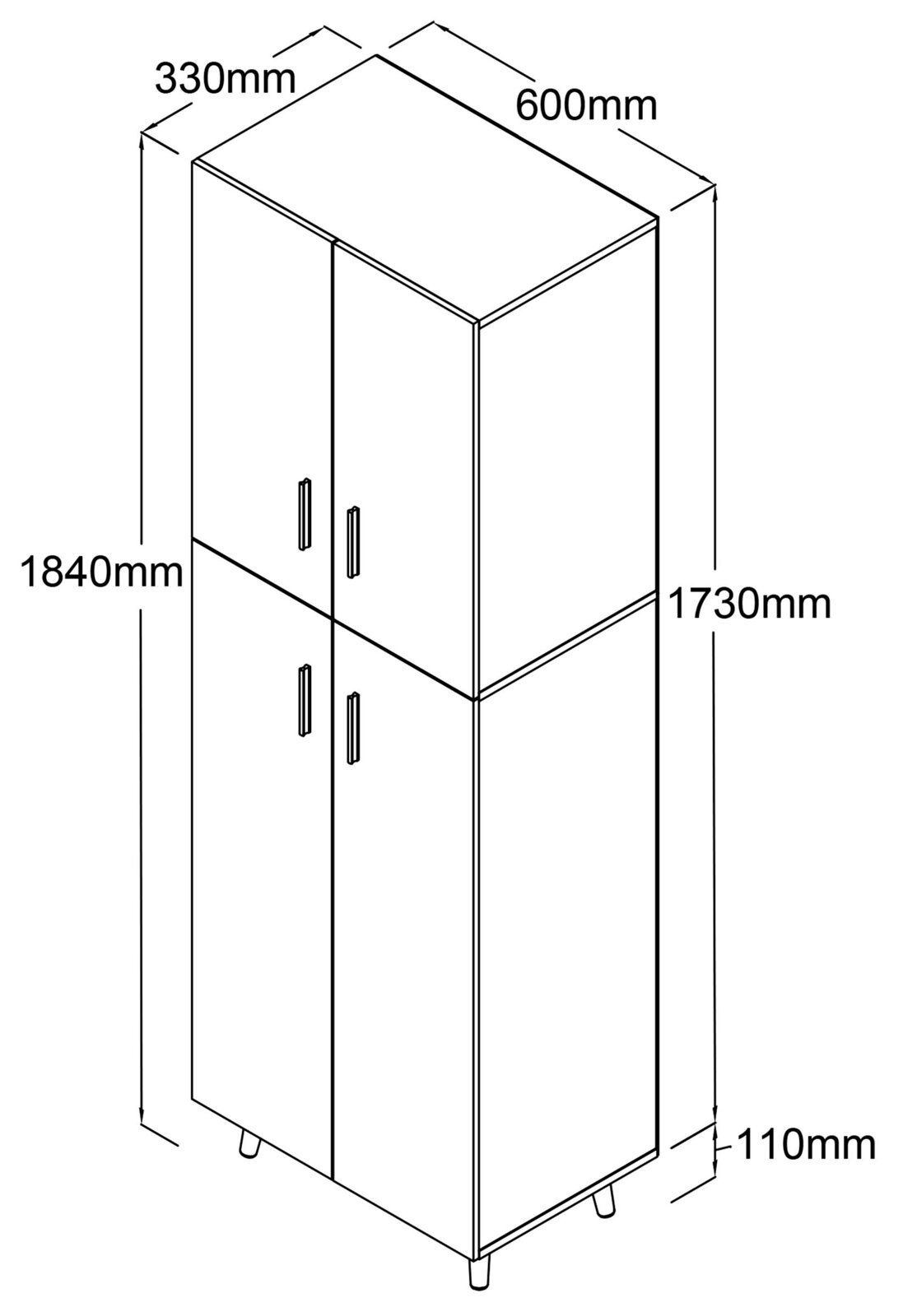 Isometrische Ansicht eines hohen, zweitürigen Schranks mit vier Griffen und Füßen, Maßskizze mit Abmessungen ca. 600 mm Breite, 330 mm Tiefe und 1840 mm Höhe.