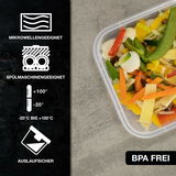 Rechteckige Frischhaltedose mit buntem Salat, mikrowellen- und spülmaschinengeeignet, auslaufsicher, BPA-frei, seitliche Perspektive