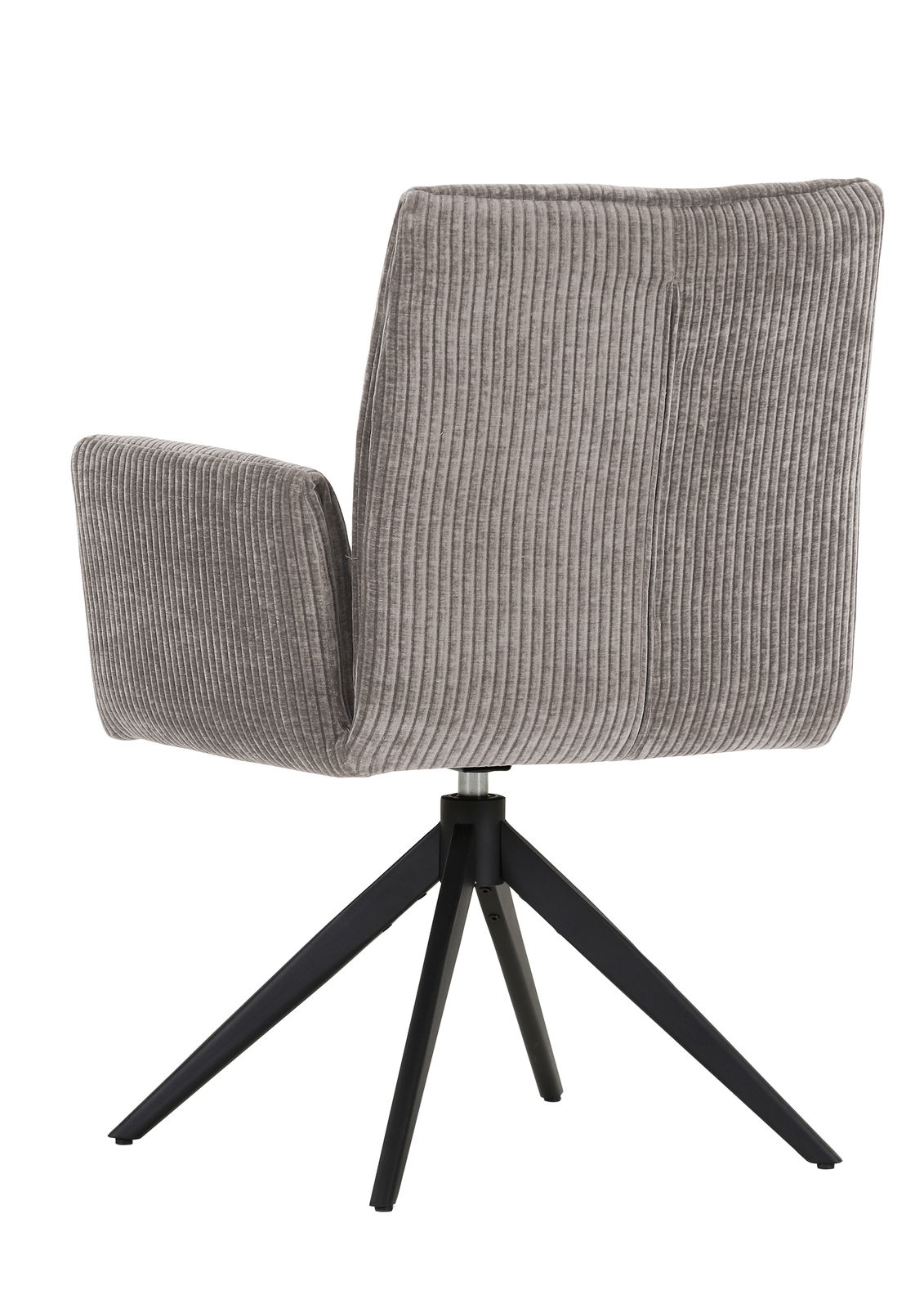 Rückansicht eines grauen Armlehnstuhls mit gestreiftem Stoffbezug und schwarzem Metallgestell