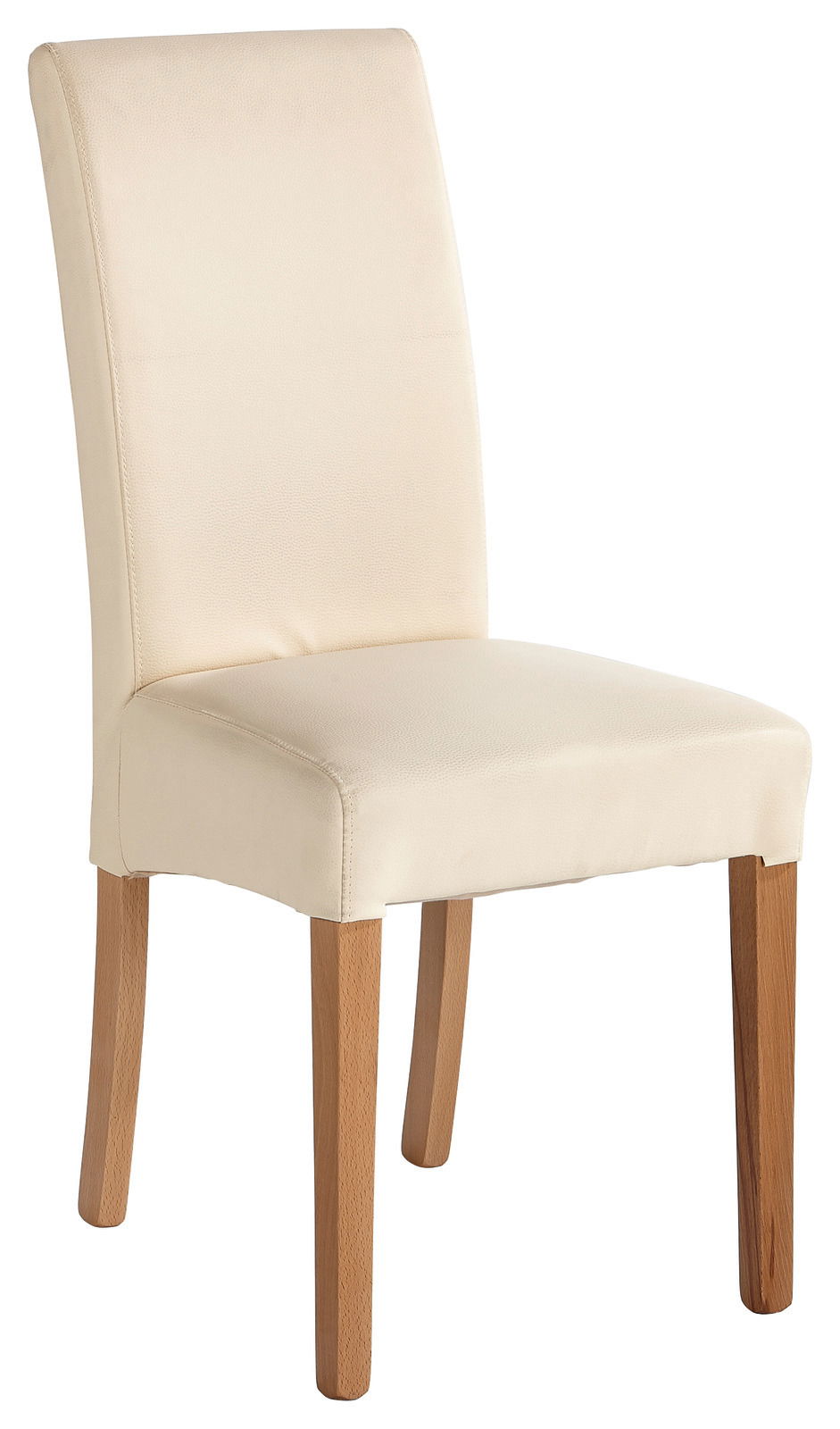 Moderner cremefarbener Stuhl mit Holzbeinen, seitliche Perspektive