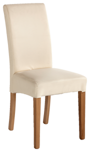 Moderner cremefarbener Stuhl mit Holzbeinen, seitliche Perspektive