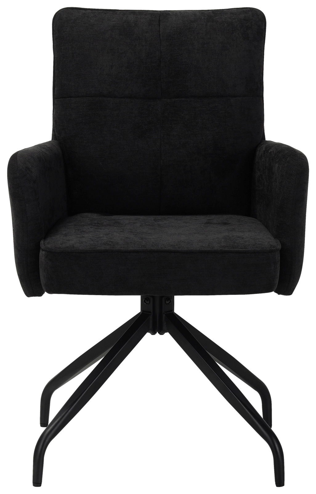 Schwarzer Schwingstuhl mit Armlehnen und Metallgestell, Frontalansicht