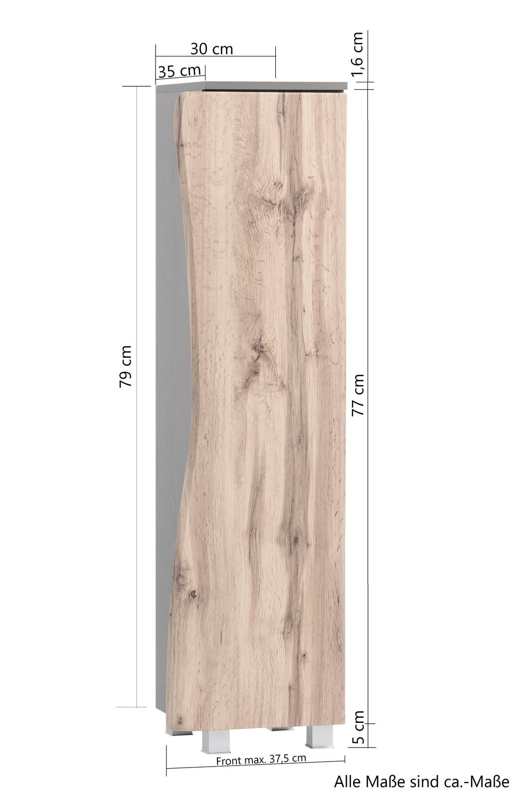 Midischrank in Holzoptik, seitliche Perspektive, Maße: 79 cm hoch, 35 cm tief, Frontbreite max. 37,5 cm