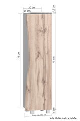 Midischrank in Holzoptik, seitliche Perspektive, Maße: 79 cm hoch, 35 cm tief, Frontbreite max. 37,5 cm