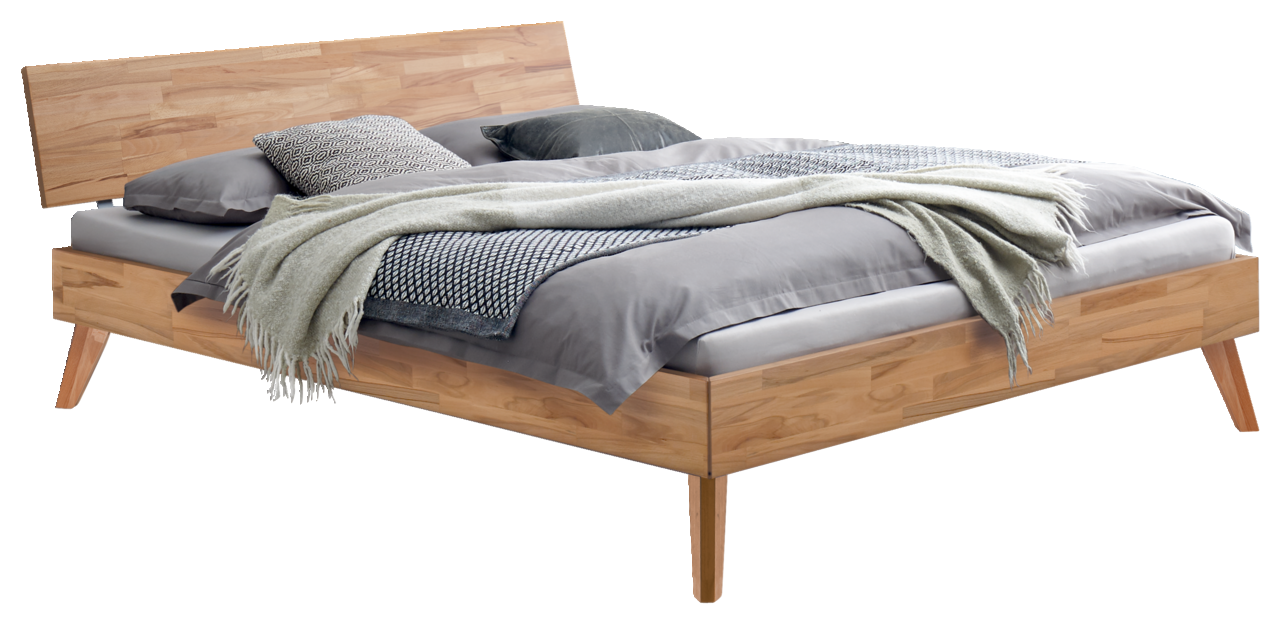 Holzbettgestell mit Kopfteil, seitliche Perspektive, graue Bettwäsche und Kissen