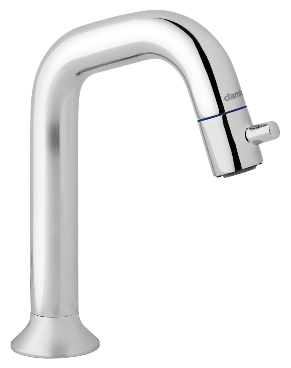 Elegantes Standventil aus glänzendem Chrom in seitlicher Perspektive.