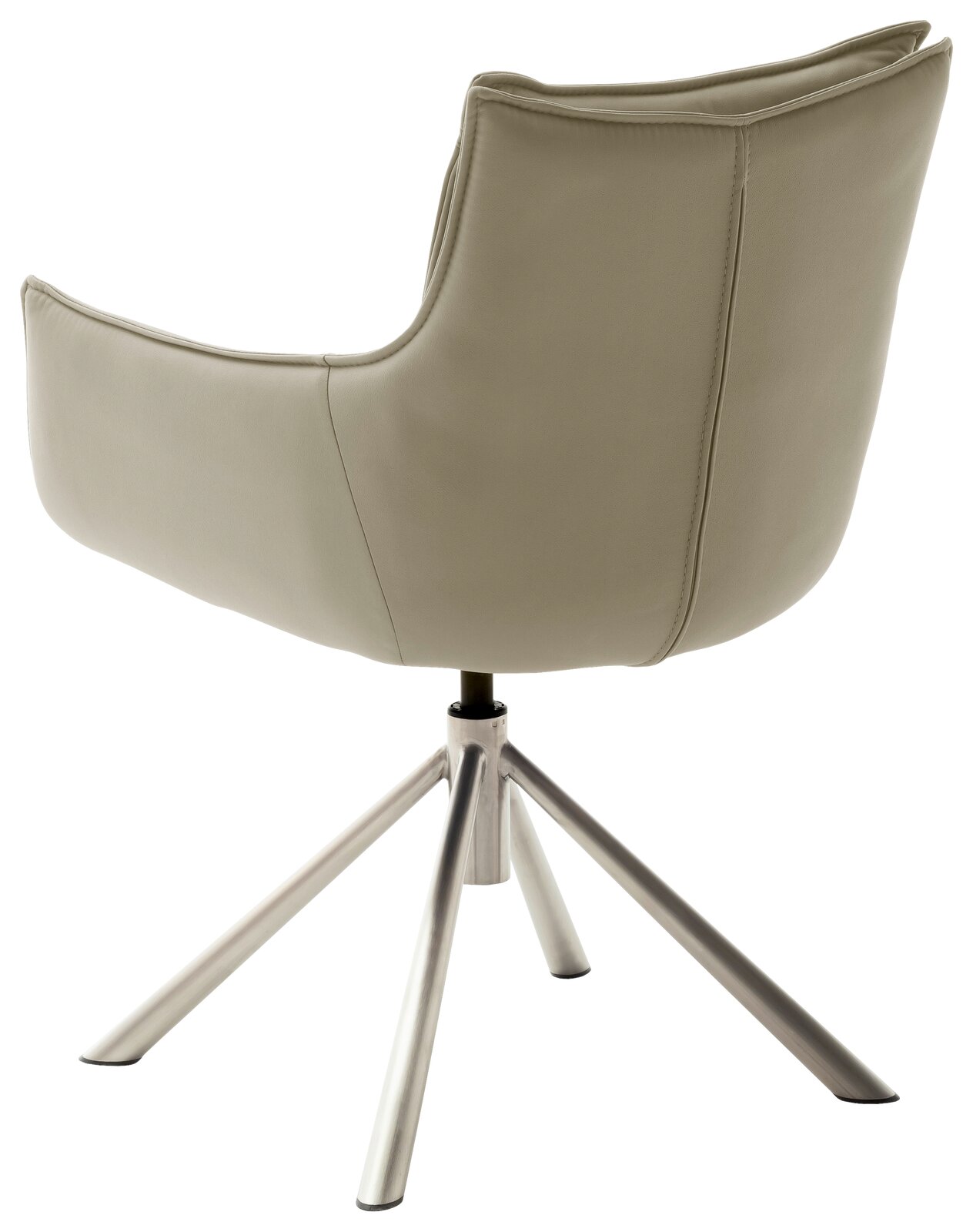 Rückansicht eines modernen Sessels mit beigem Lederbezug und einem stabilen Metallgestell.