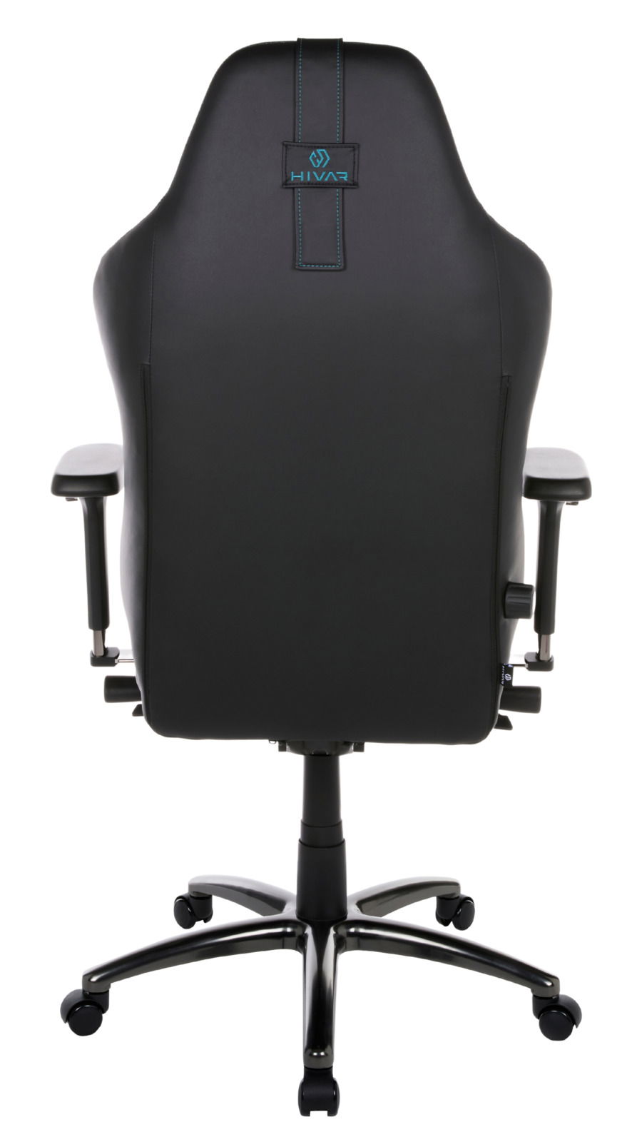 Rückansicht eines schwarzen Gaming-Stuhls mit blauen Nähten und einem stabilen Fußkreuz auf Rollen.