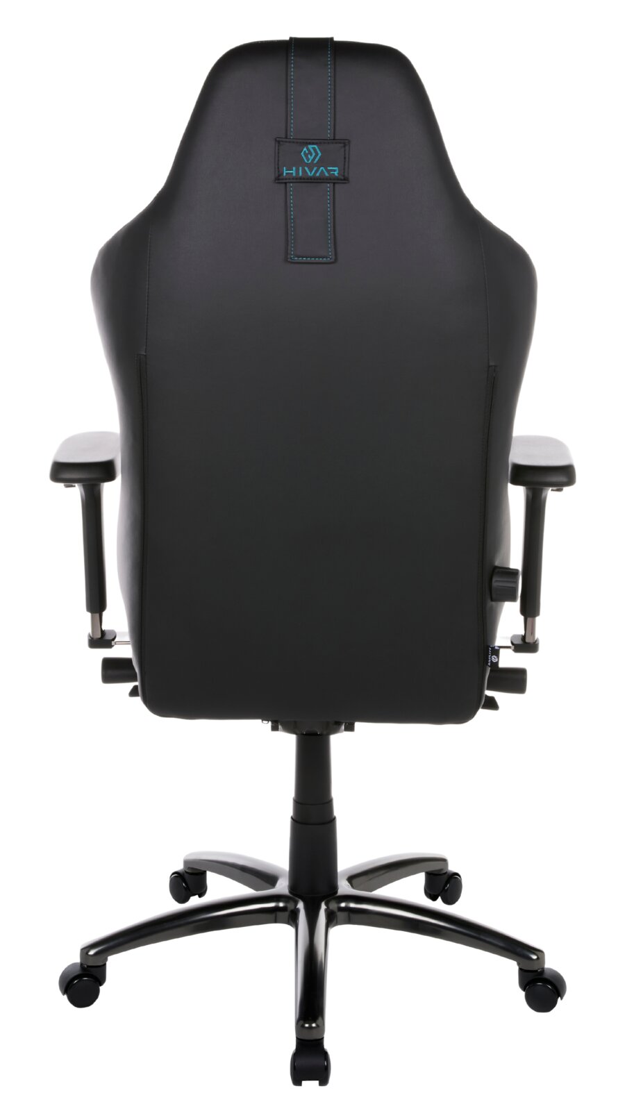 Rückansicht eines schwarzen Gaming-Stuhls mit blauen Nähten und einem stabilen Fußkreuz auf Rollen.