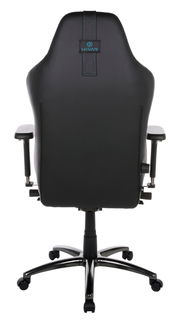 Rückansicht eines schwarzen Gaming-Stuhls mit blauen Nähten und einem stabilen Fußkreuz auf Rollen.