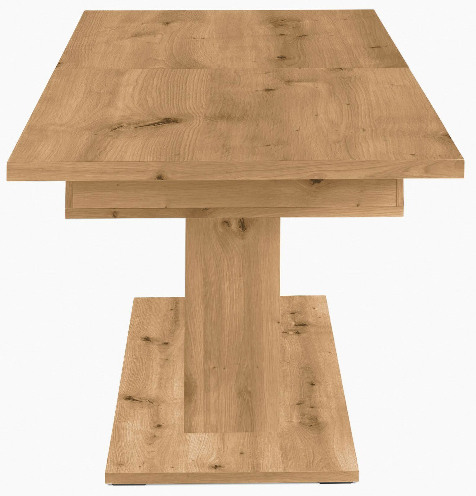 Frontale Ansicht eines Funktions-Esstisches aus Holz mit natürlicher Maserung.