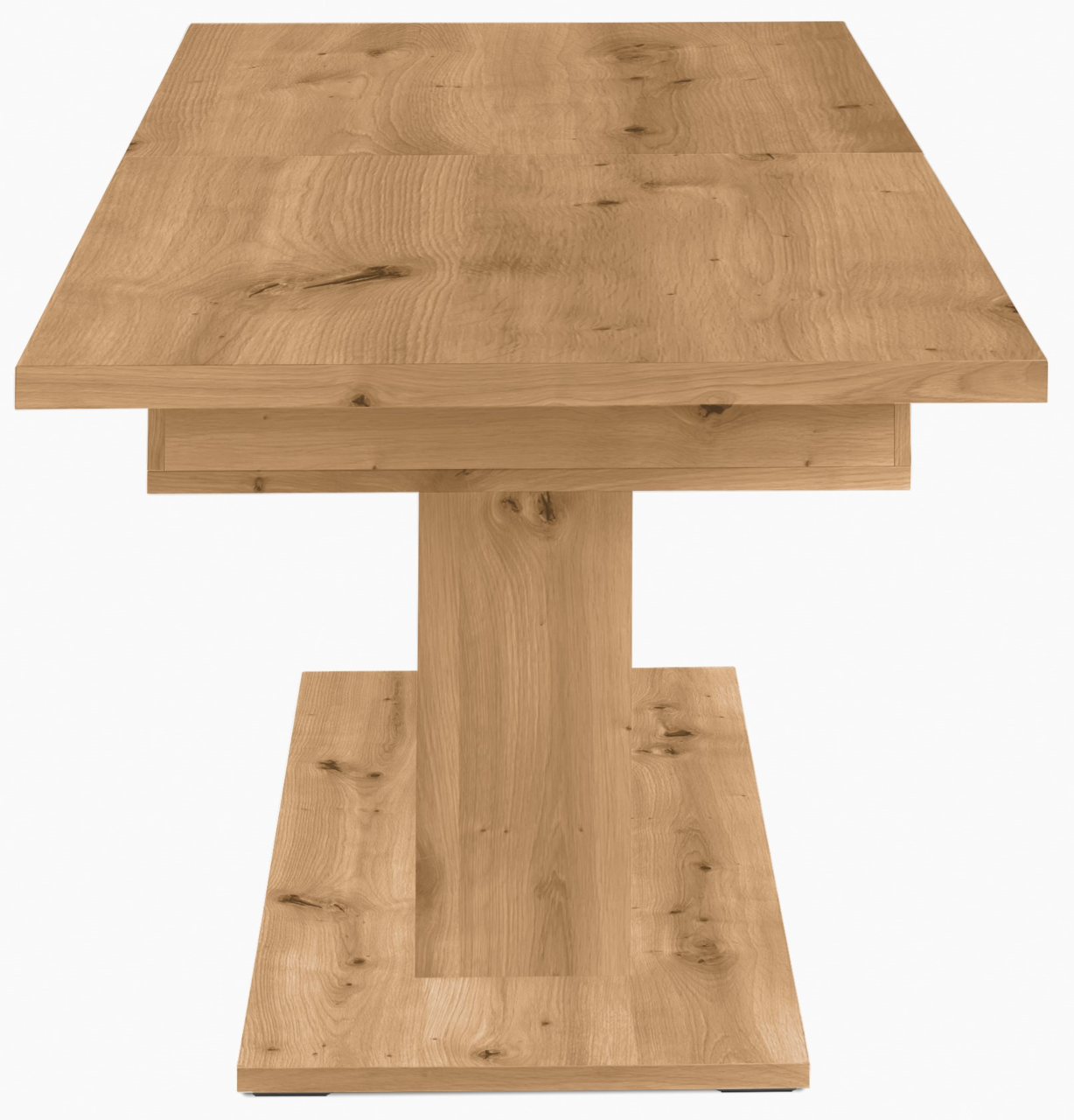 Frontale Ansicht eines Funktions-Esstisches aus Holz mit natürlicher Maserung.